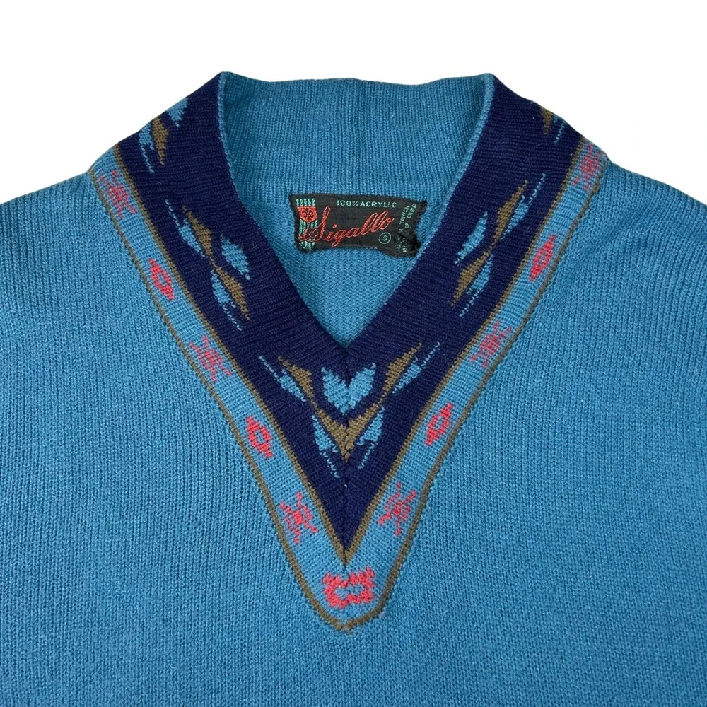 Vintage Sigallo Mens Blue V-Neck‎ Sweater Southwestern Pattern Acrylic Size S